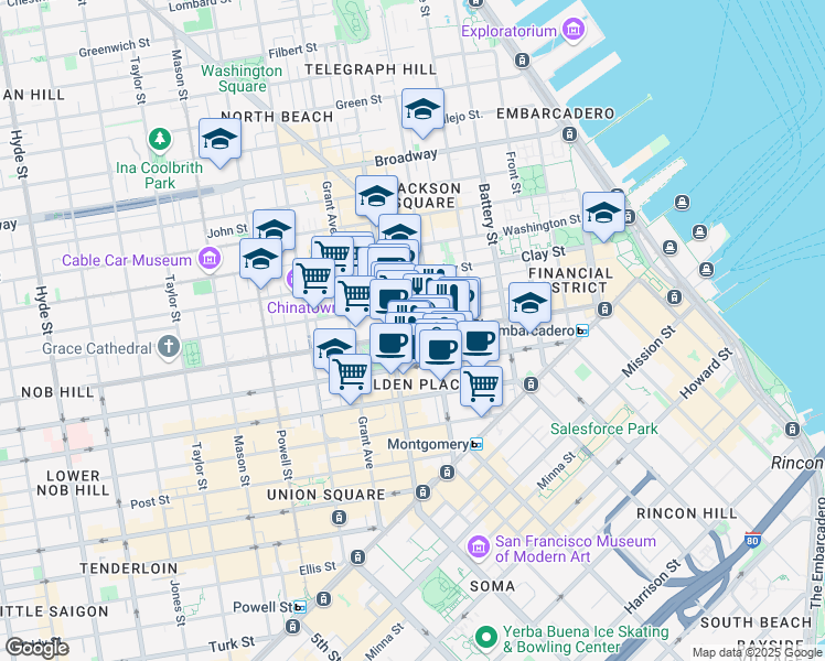 map of restaurants, bars, coffee shops, grocery stores, and more near 250 Montgomery Street in San Francisco