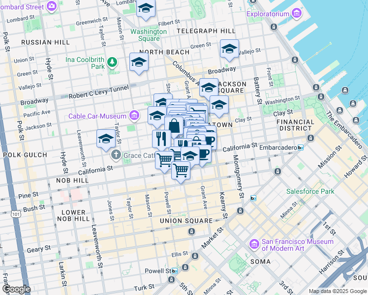 map of restaurants, bars, coffee shops, grocery stores, and more near 790 California Street in San Francisco
