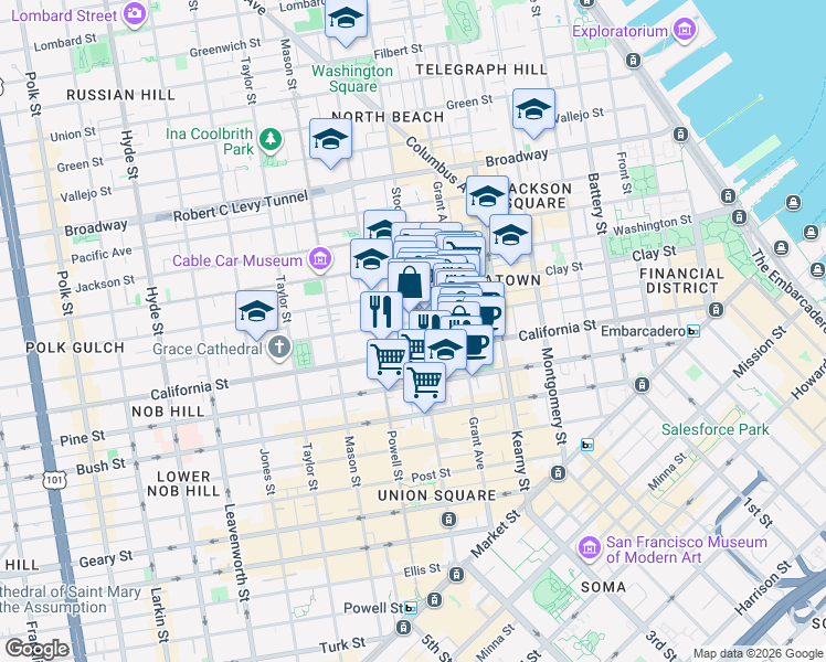 map of restaurants, bars, coffee shops, grocery stores, and more near in San Francisco