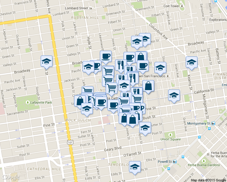 map of restaurants, bars, coffee shops, grocery stores, and more near 1324 Sacramento Street in San Francisco