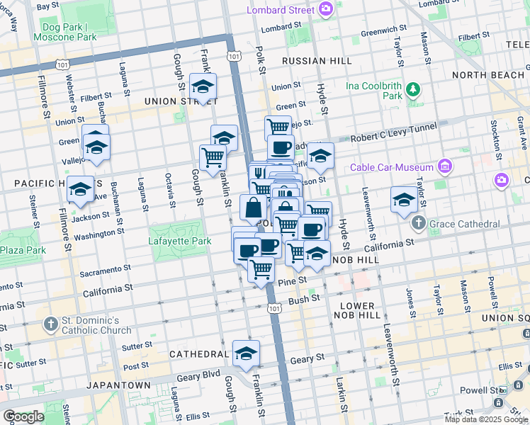 map of restaurants, bars, coffee shops, grocery stores, and more near 1800 Van Ness Avenue in San Francisco