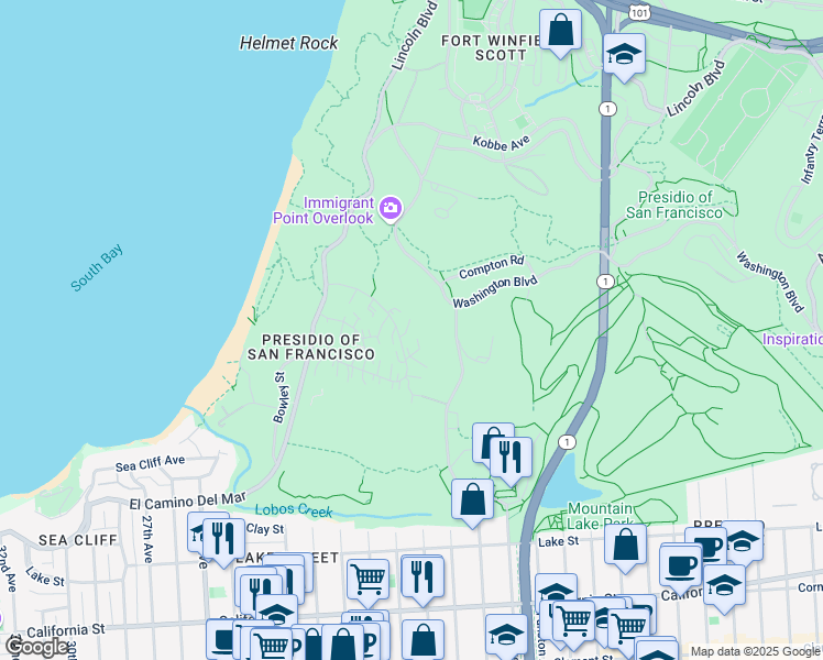 map of restaurants, bars, coffee shops, grocery stores, and more near 1536 Pershing Drive in San Francisco