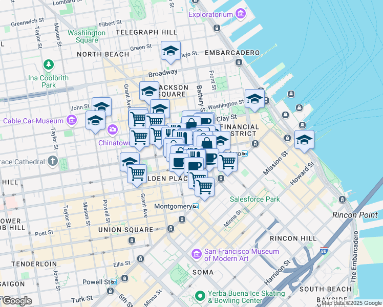 map of restaurants, bars, coffee shops, grocery stores, and more near 425 California Street in San Francisco