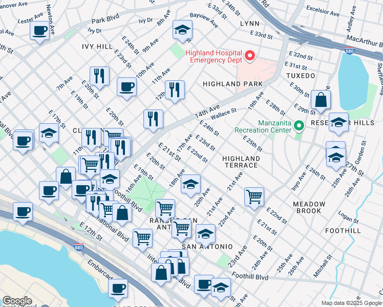 map of restaurants, bars, coffee shops, grocery stores, and more near 1739 East 22nd Street in Oakland