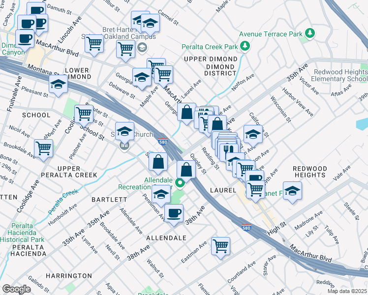 map of restaurants, bars, coffee shops, grocery stores, and more near 3401 Delaware Street in Oakland