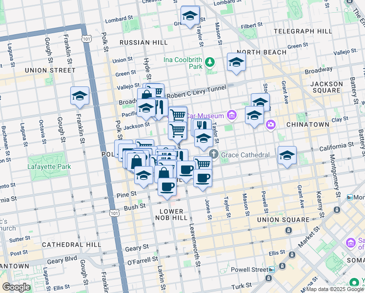map of restaurants, bars, coffee shops, grocery stores, and more near 1385 Clay Street in San Francisco
