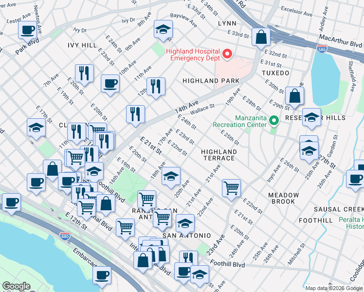 map of restaurants, bars, coffee shops, grocery stores, and more near 1815 East 22nd Street in Oakland
