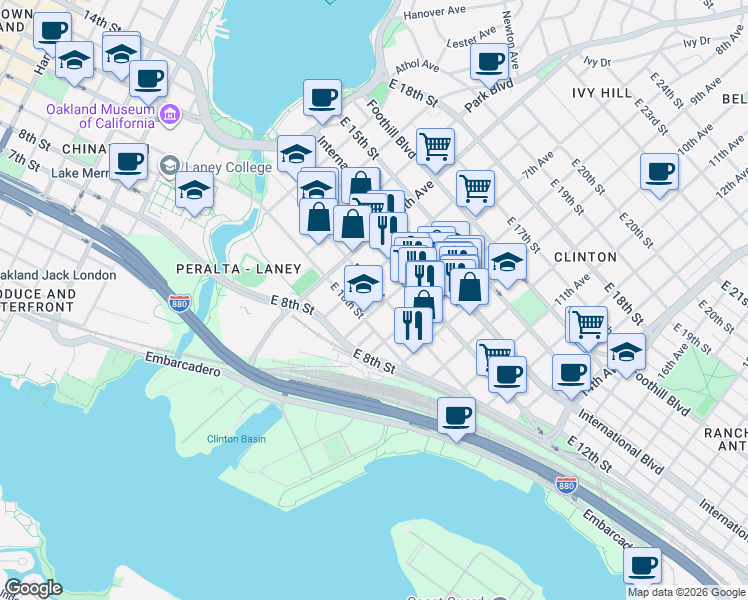 map of restaurants, bars, coffee shops, grocery stores, and more near 1041 7th Street in Oakland