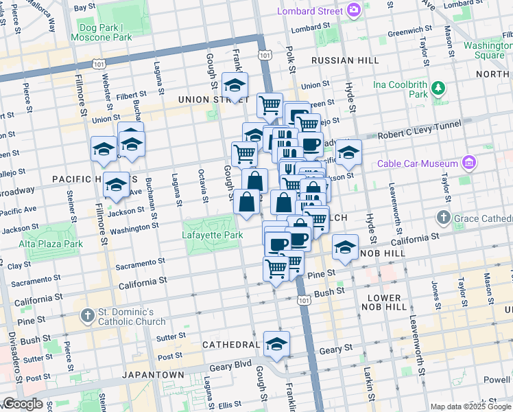 map of restaurants, bars, coffee shops, grocery stores, and more near 1945 Washington Street in San Francisco