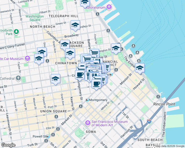 map of restaurants, bars, coffee shops, grocery stores, and more near 115 Battery Street in San Francisco