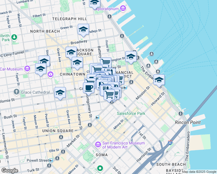 map of restaurants, bars, coffee shops, grocery stores, and more near 255 California Street in San Francisco