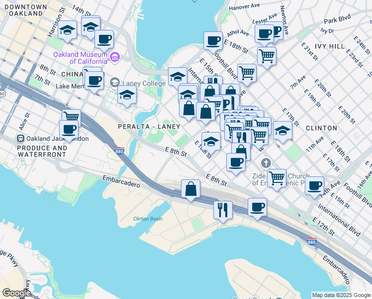 map of restaurants, bars, coffee shops, grocery stores, and more near 500 East 8th Street in Oakland