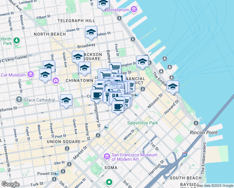 map of restaurants, bars, coffee shops, grocery stores, and more near 255 California Street in San Francisco