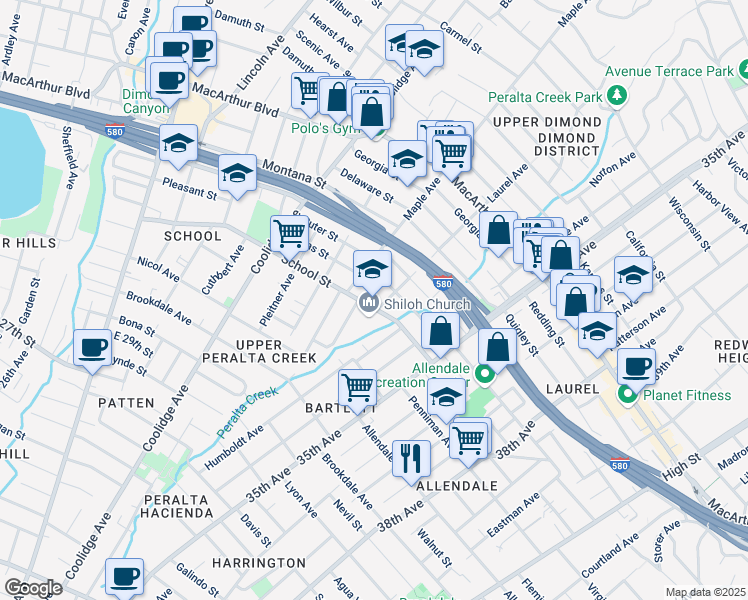 map of restaurants, bars, coffee shops, grocery stores, and more near 3288 School Street in Oakland
