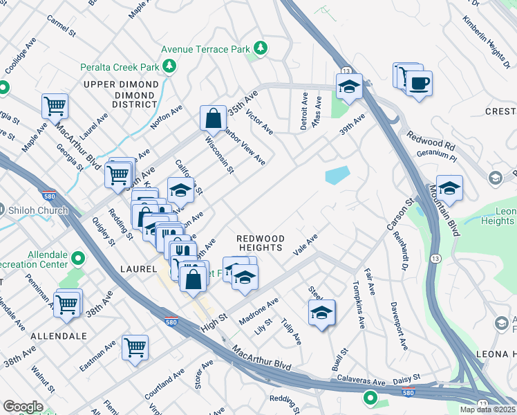 map of restaurants, bars, coffee shops, grocery stores, and more near 4021 Maybelle Avenue in Oakland