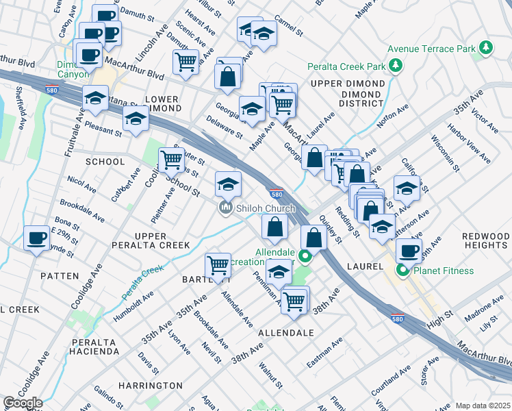 map of restaurants, bars, coffee shops, grocery stores, and more near 3361 Suter Street in Oakland