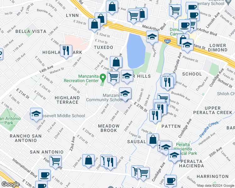 map of restaurants, bars, coffee shops, grocery stores, and more near 2651 Grande Vista Avenue in Oakland