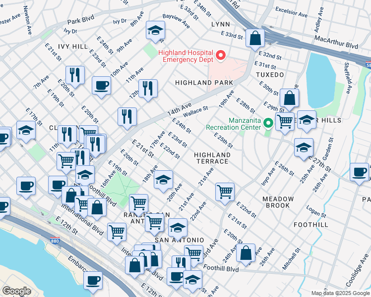 map of restaurants, bars, coffee shops, grocery stores, and more near 2218 19th Avenue in Oakland