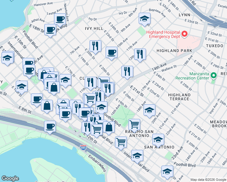 map of restaurants, bars, coffee shops, grocery stores, and more near 1847 13th Avenue in Oakland