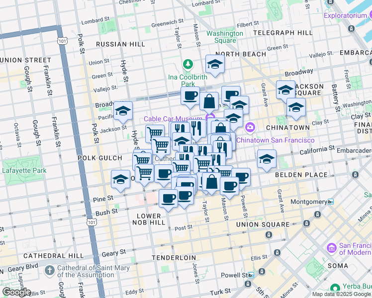 map of restaurants, bars, coffee shops, grocery stores, and more near 1250 Sacramento Street in San Francisco