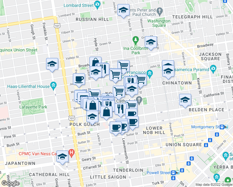 map of restaurants, bars, coffee shops, grocery stores, and more near in San Francisco