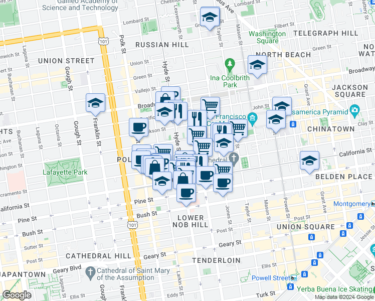 map of restaurants, bars, coffee shops, grocery stores, and more near in San Francisco