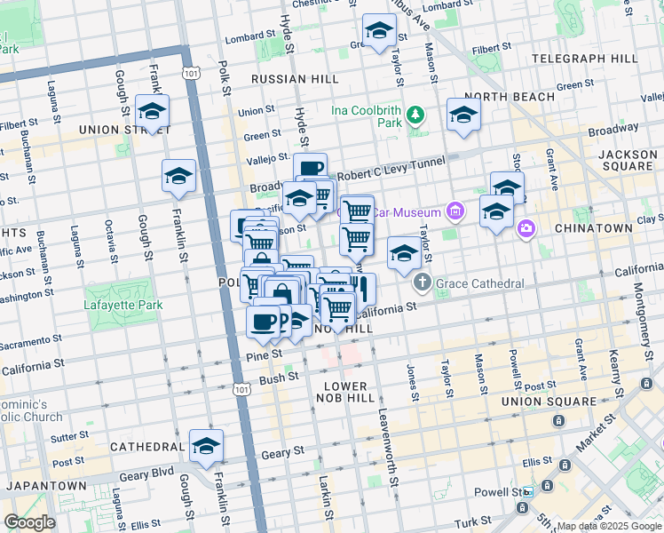 map of restaurants, bars, coffee shops, grocery stores, and more near 1251 Hyde Street in San Francisco