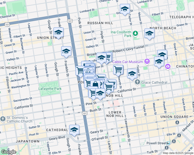 map of restaurants, bars, coffee shops, grocery stores, and more near 1565 Larkin Street in San Francisco