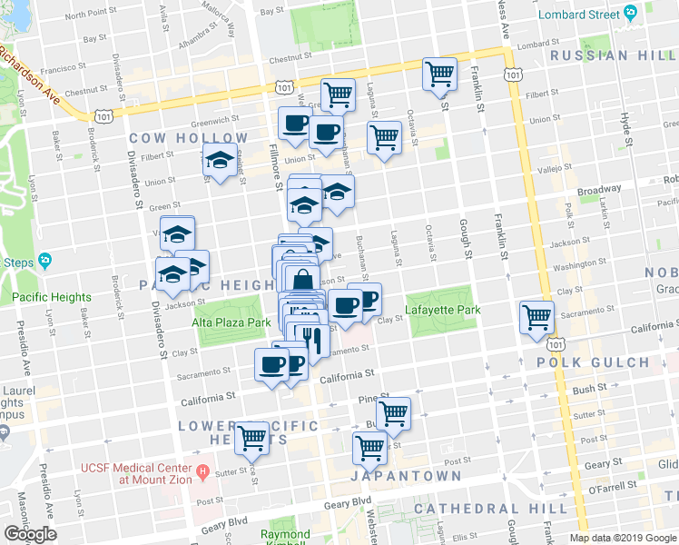 map of restaurants, bars, coffee shops, grocery stores, and more near 2321 Webster Street in San Francisco