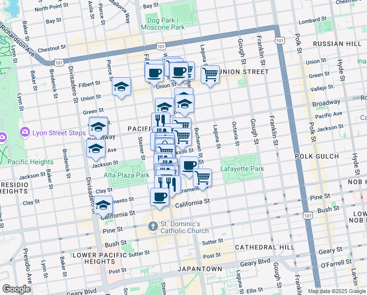 map of restaurants, bars, coffee shops, grocery stores, and more near 2321 Webster Street in San Francisco