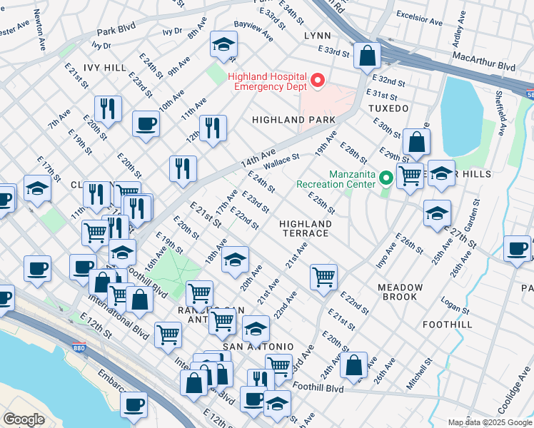 map of restaurants, bars, coffee shops, grocery stores, and more near 2218 19th Avenue in Oakland