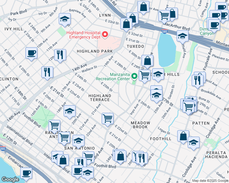 map of restaurants, bars, coffee shops, grocery stores, and more near 2122 East 25th Street in Oakland