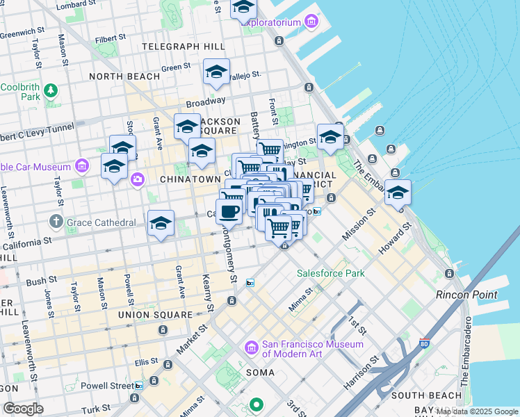 map of restaurants, bars, coffee shops, grocery stores, and more near 345 California Street in San Francisco