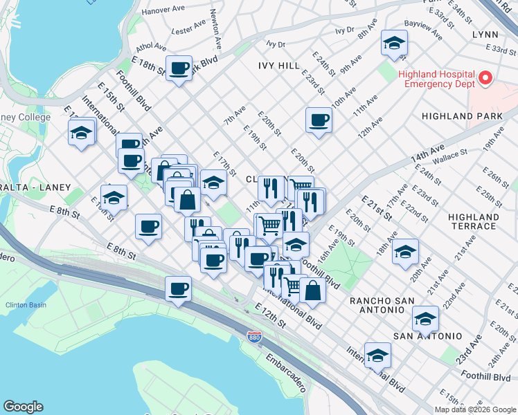 map of restaurants, bars, coffee shops, grocery stores, and more near 1701 12th Avenue in Oakland