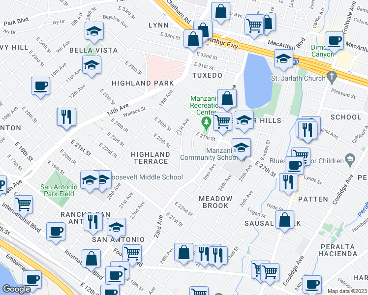 map of restaurants, bars, coffee shops, grocery stores, and more near 2506 Highland Avenue in Oakland