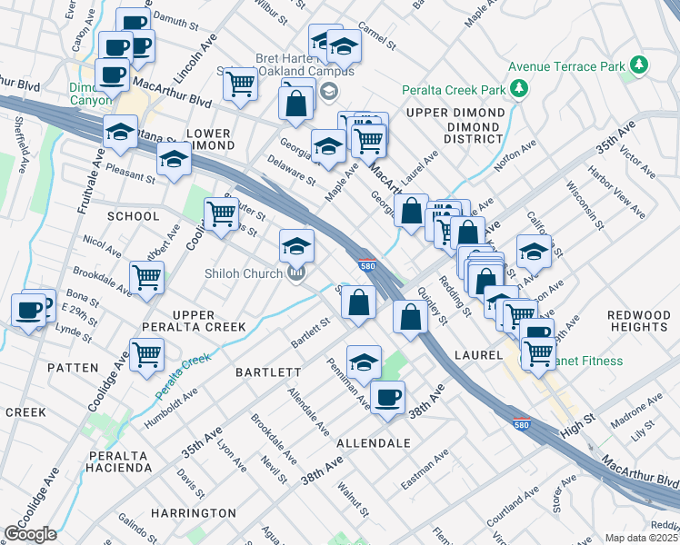 map of restaurants, bars, coffee shops, grocery stores, and more near 3335 Arkansas Street in Oakland