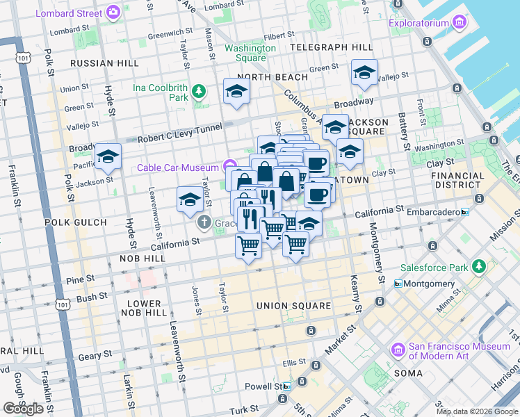 map of restaurants, bars, coffee shops, grocery stores, and more near 901 Powell Street in San Francisco