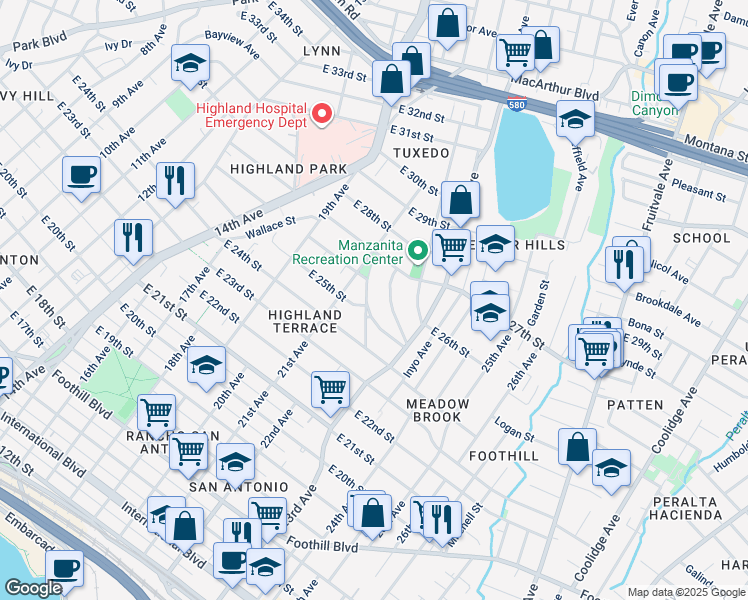 map of restaurants, bars, coffee shops, grocery stores, and more near 2506 Highland Avenue in Oakland