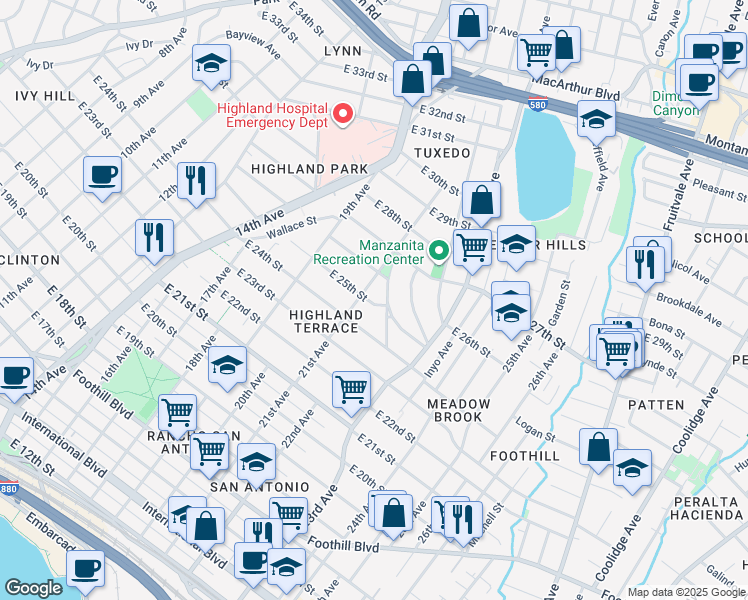 map of restaurants, bars, coffee shops, grocery stores, and more near 2122 East 25th Street in Oakland