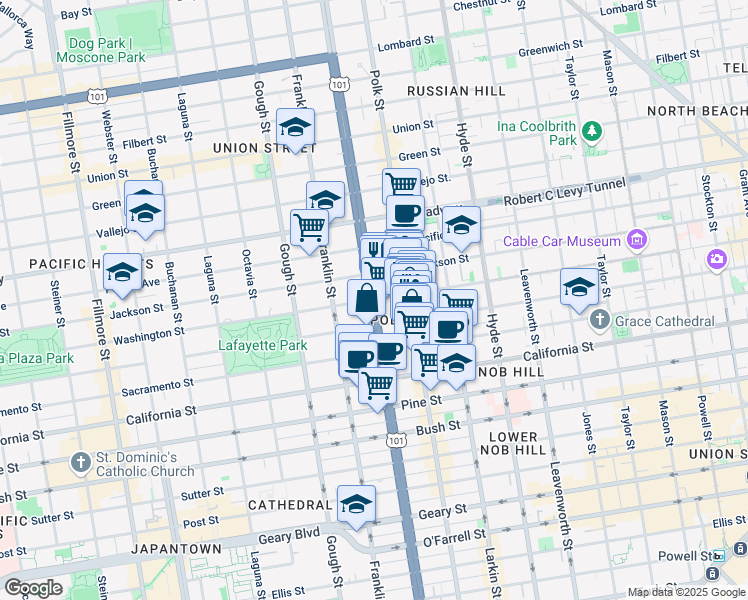 map of restaurants, bars, coffee shops, grocery stores, and more near Washington Street in San Francisco