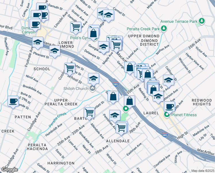map of restaurants, bars, coffee shops, grocery stores, and more near 3335 Arkansas Street in Oakland