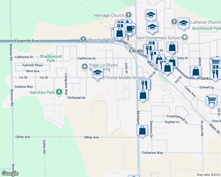 map of restaurants, bars, coffee shops, grocery stores, and more near 1747 Baker Avenue in Escalon