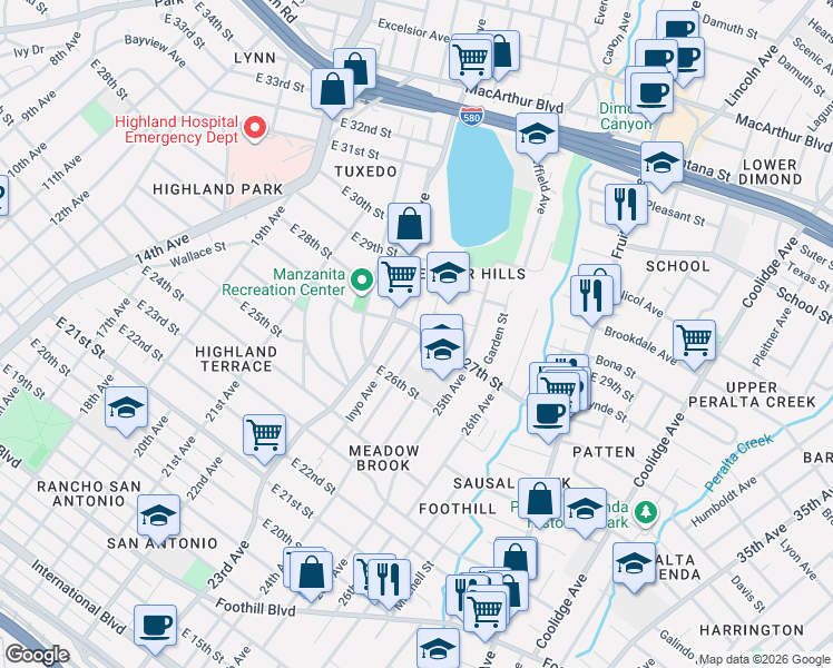 map of restaurants, bars, coffee shops, grocery stores, and more near 2651 Grande Vista Avenue in Oakland