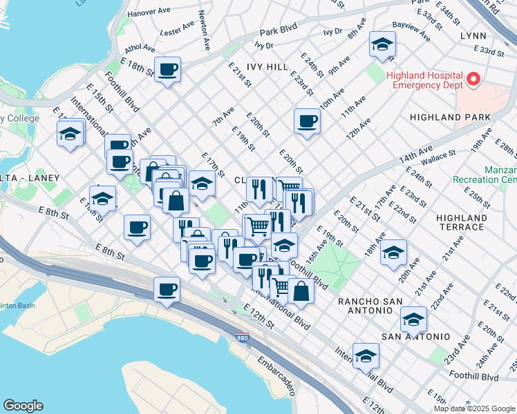 map of restaurants, bars, coffee shops, grocery stores, and more near 1701 12th Avenue in Oakland