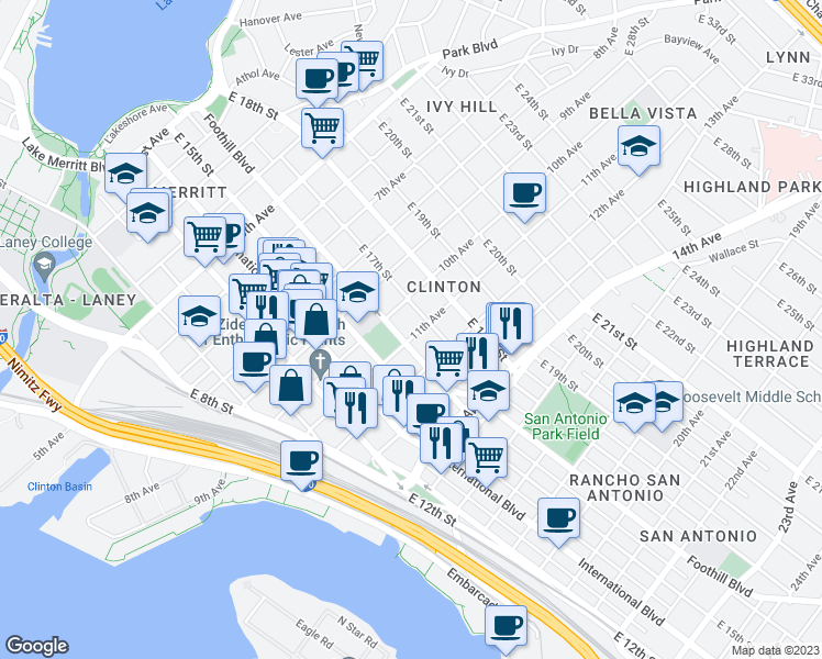 map of restaurants, bars, coffee shops, grocery stores, and more near 1101 Foothill Boulevard in Oakland