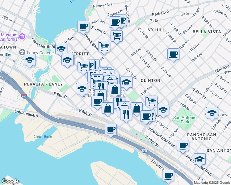 map of restaurants, bars, coffee shops, grocery stores, and more near 928 International Boulevard in Oakland
