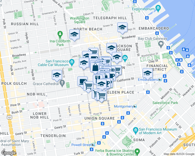 map of restaurants, bars, coffee shops, grocery stores, and more near 790 California Street in San Francisco