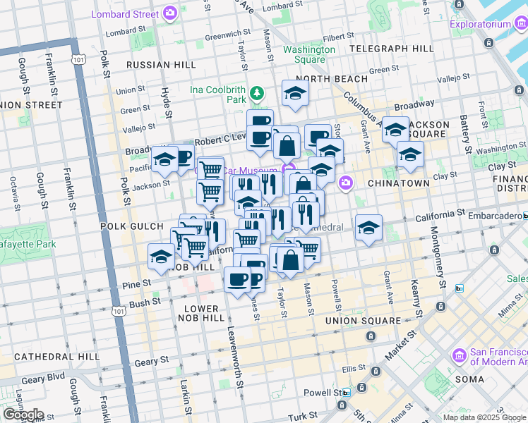 map of restaurants, bars, coffee shops, grocery stores, and more near 1250 Sacramento Street in San Francisco