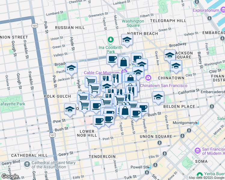 map of restaurants, bars, coffee shops, grocery stores, and more near 1250 Sacramento Street in San Francisco