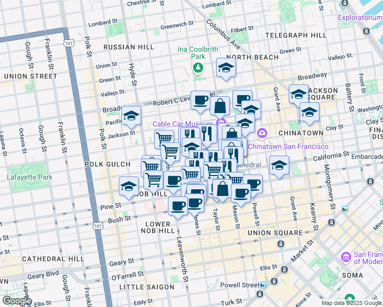 map of restaurants, bars, coffee shops, grocery stores, and more near 1250 Sacramento Street in San Francisco